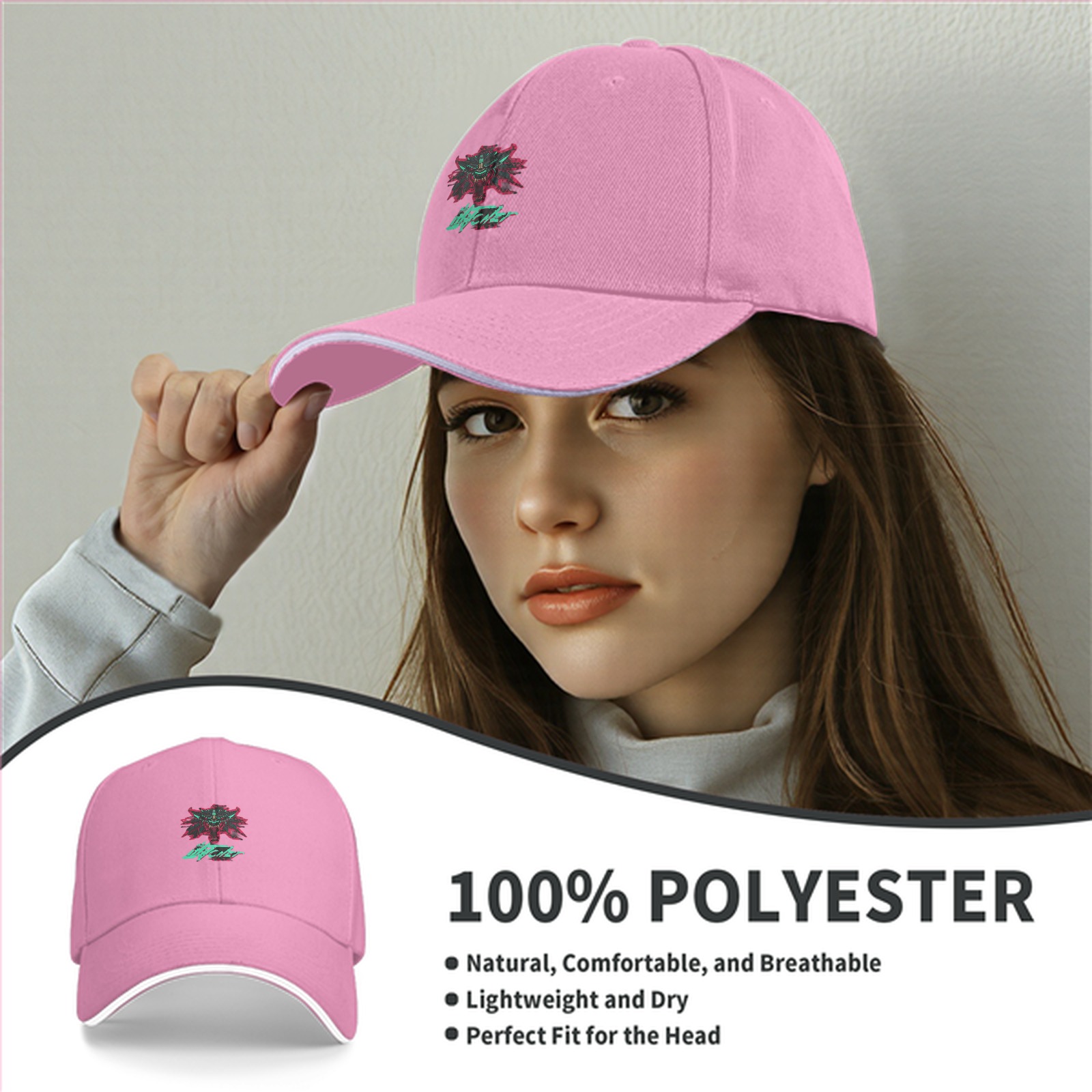 Black baseball cap with cyberpunk witcher wolf emblem graphic