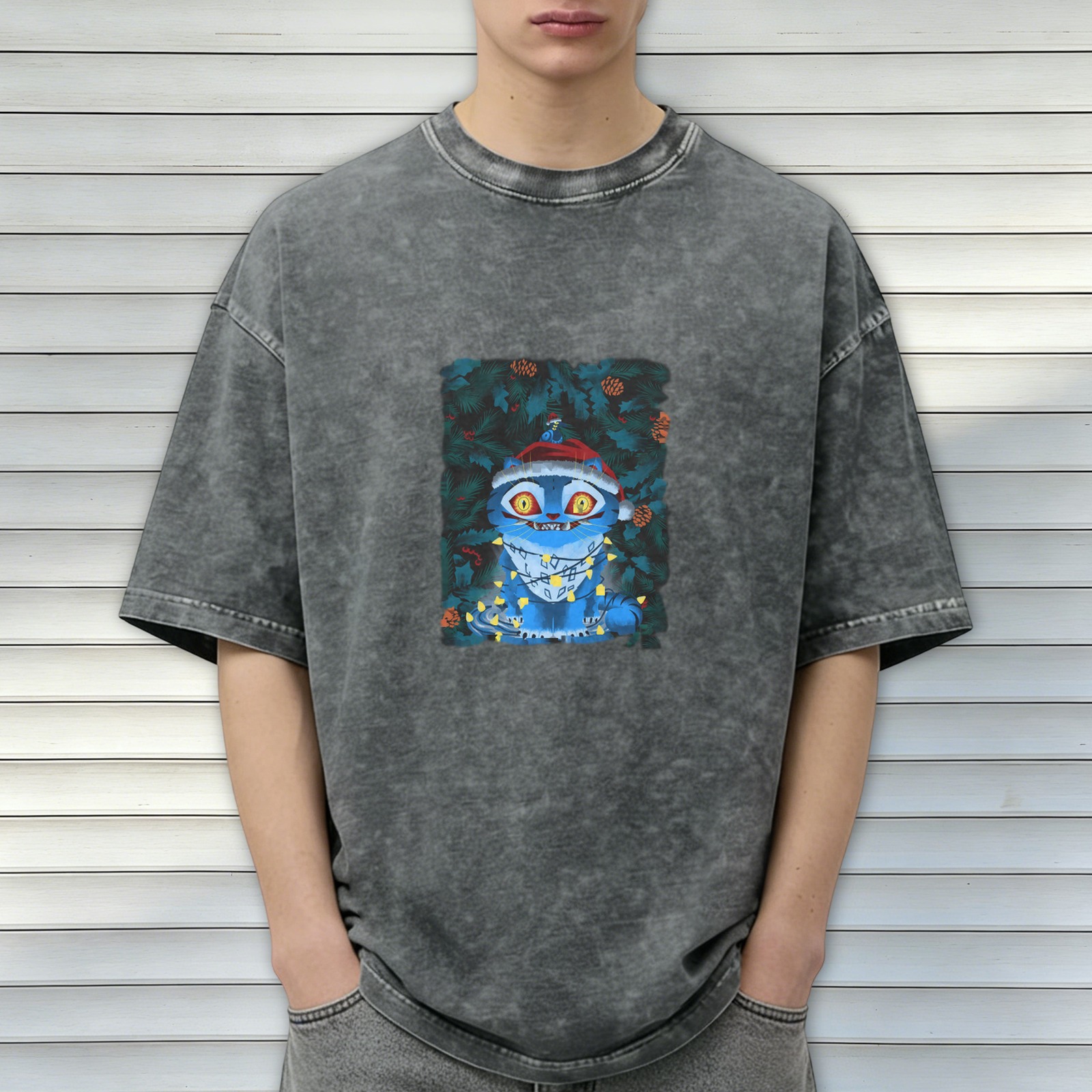 Distressed Black Christmas Blue Cat Print Short Sleeve T-Shirt
