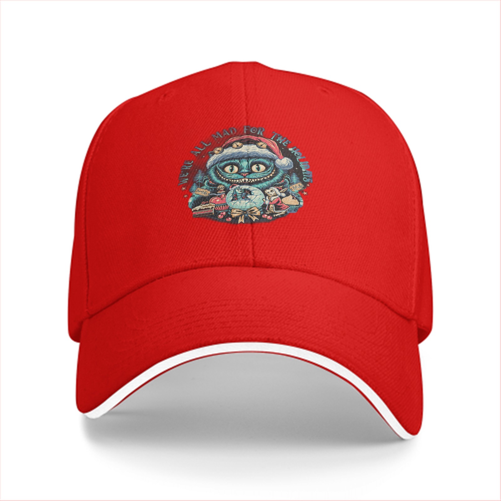 Black Baseball Cap With Cheshire Cat Holiday Christmas Print