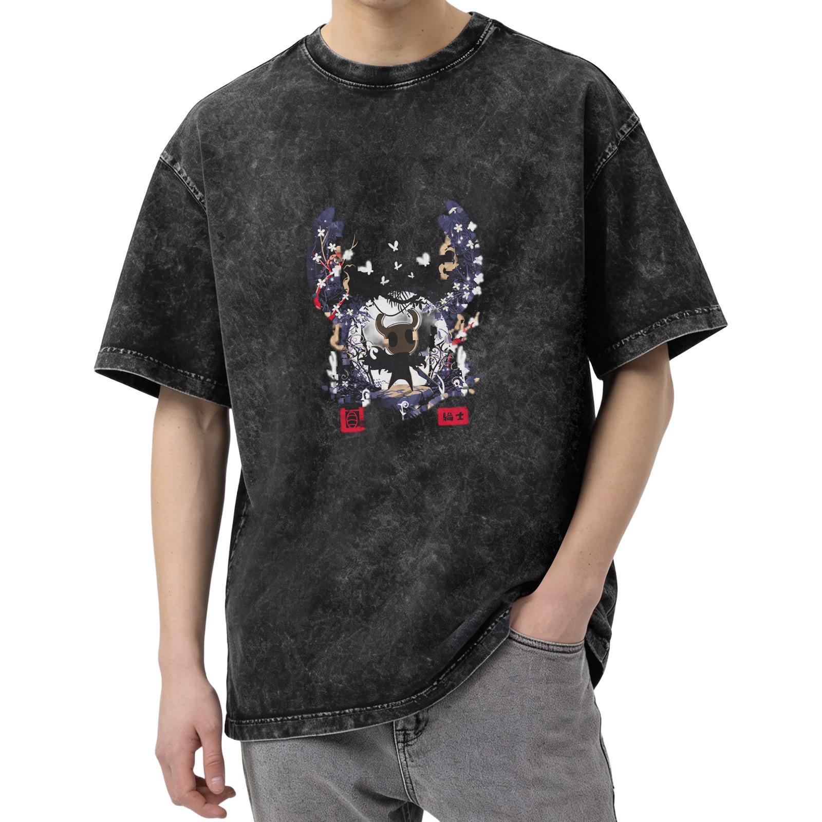 Oversized Washed Black T-Shirt with Hollow Knight Graphic Print