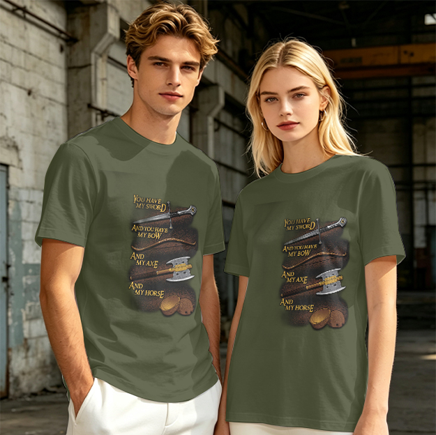 Olive T-Shirt with Fantasy Weapon Quote Print