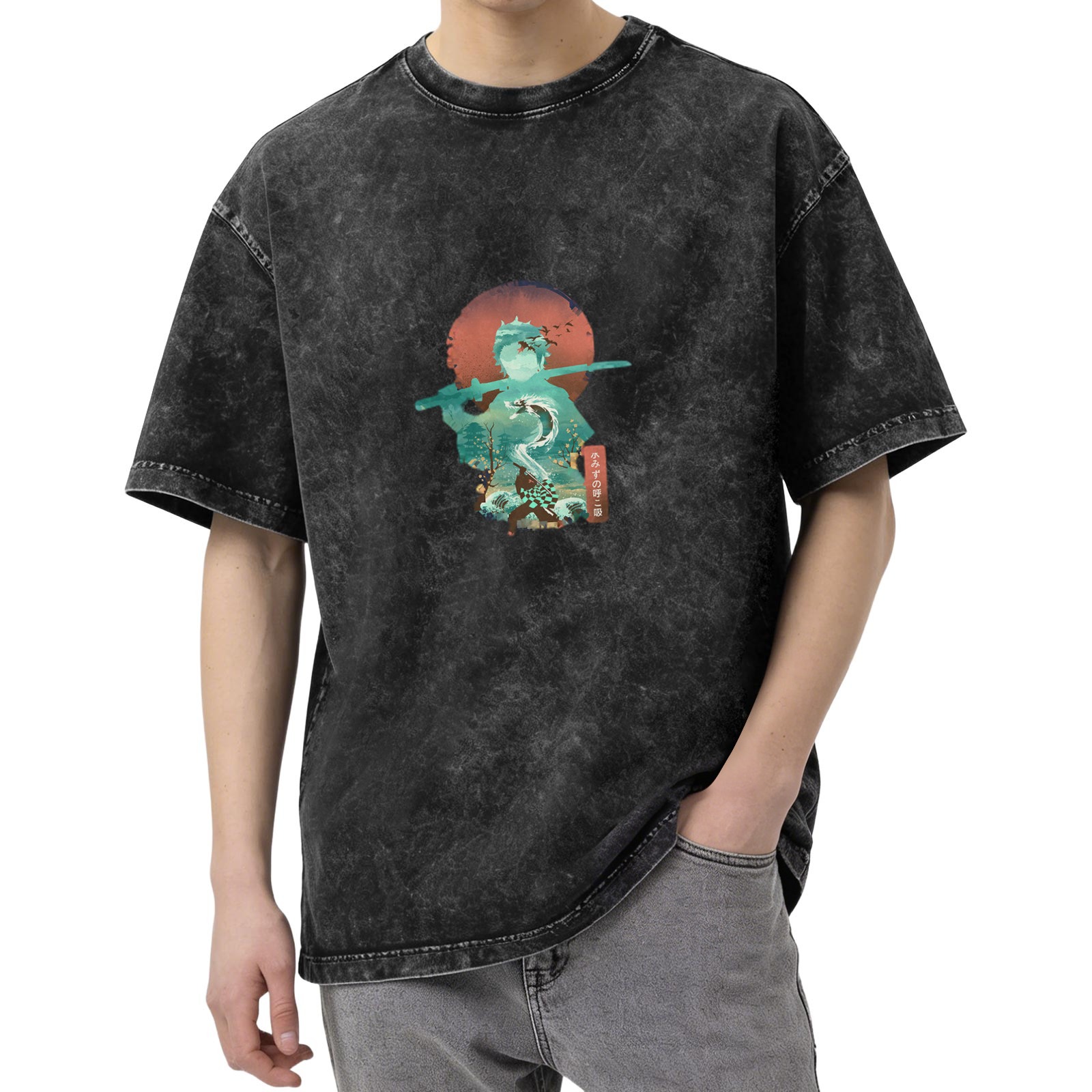 Oversized Vintage Wash Anime Demon Slayer Tanjiro Water Breathing Graphic T-Shirt