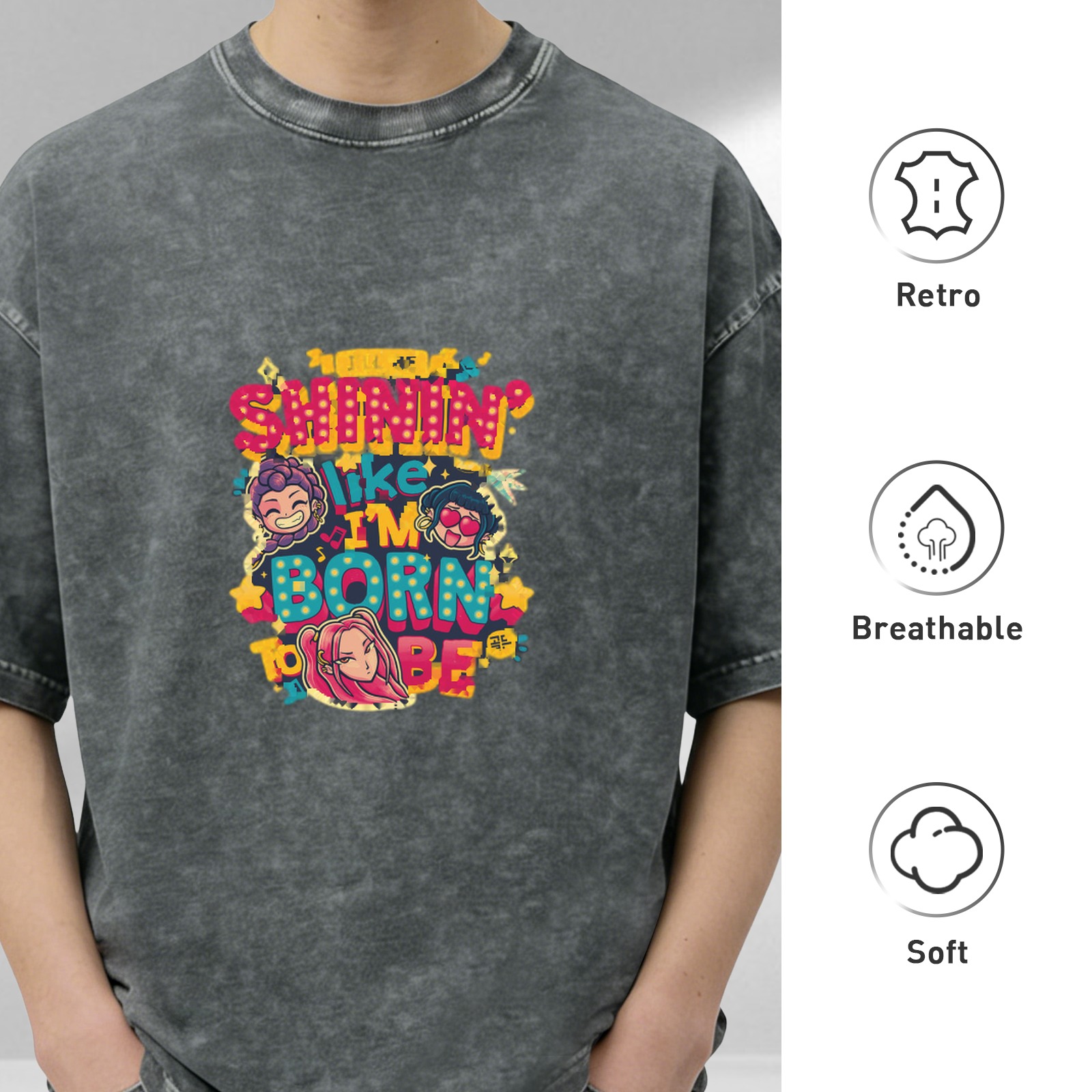 oversized washed black graphic t-shirt with shinin like im born to be print