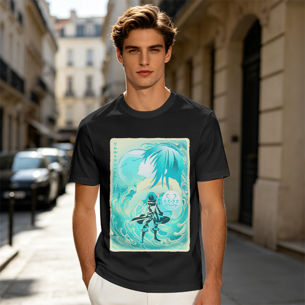 Anime character water design graphic dark green t-shirt