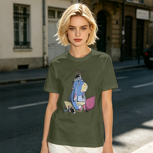 Olive T-Shirt Featuring Eeyore Using a Laptop