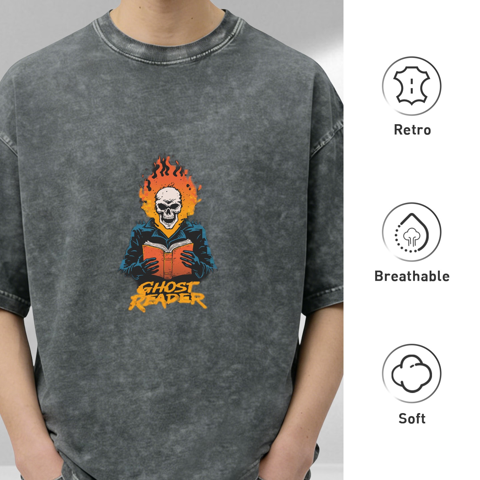 Oversized Acid Wash T-Shirt With Ghost Reader Skull Flame Print