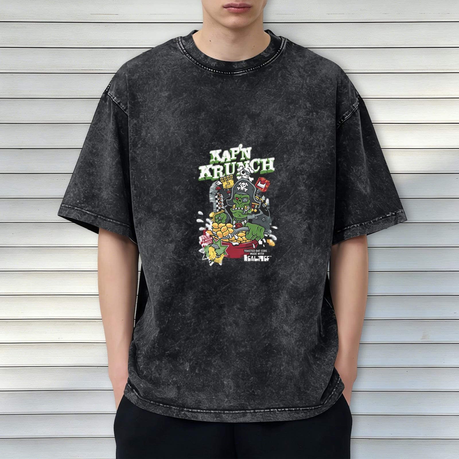 Men's Oversized Acid Wash Graphic T-Shirt - Kap'n Krunch Zombie Pirate Cereal Print - Black
