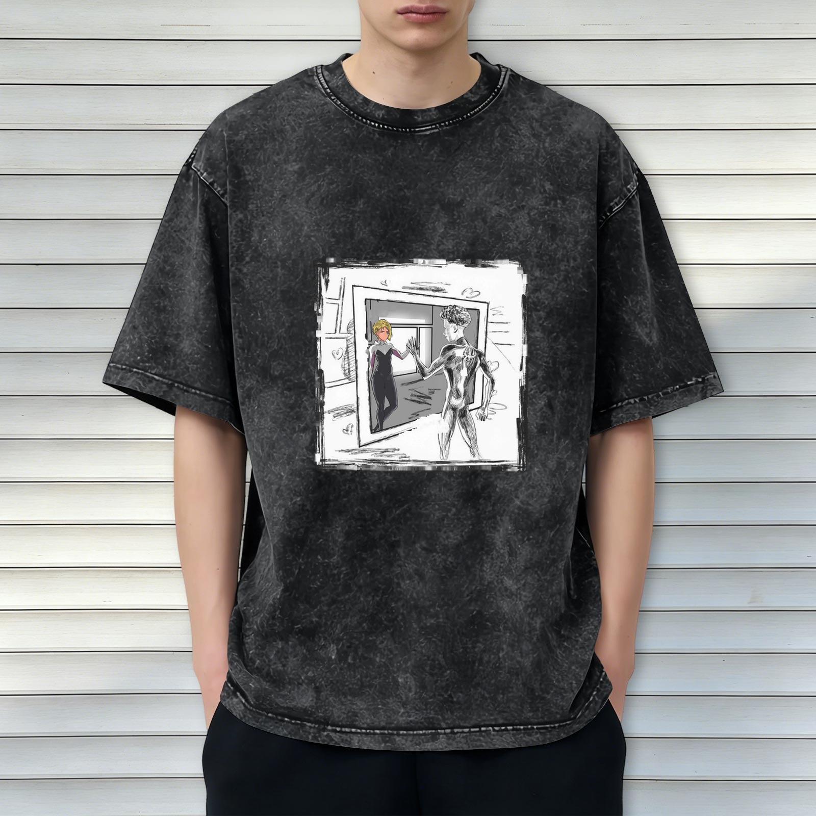 Oversized Stonewashed T-Shirt With Spider Gwen And Miles Art Print