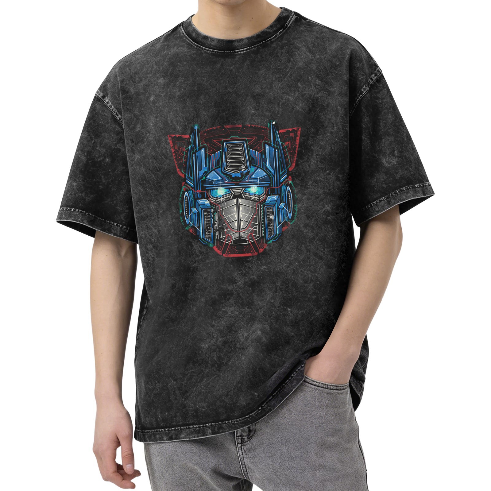 Washed Black T-Shirt With Robot Head Graphic Print