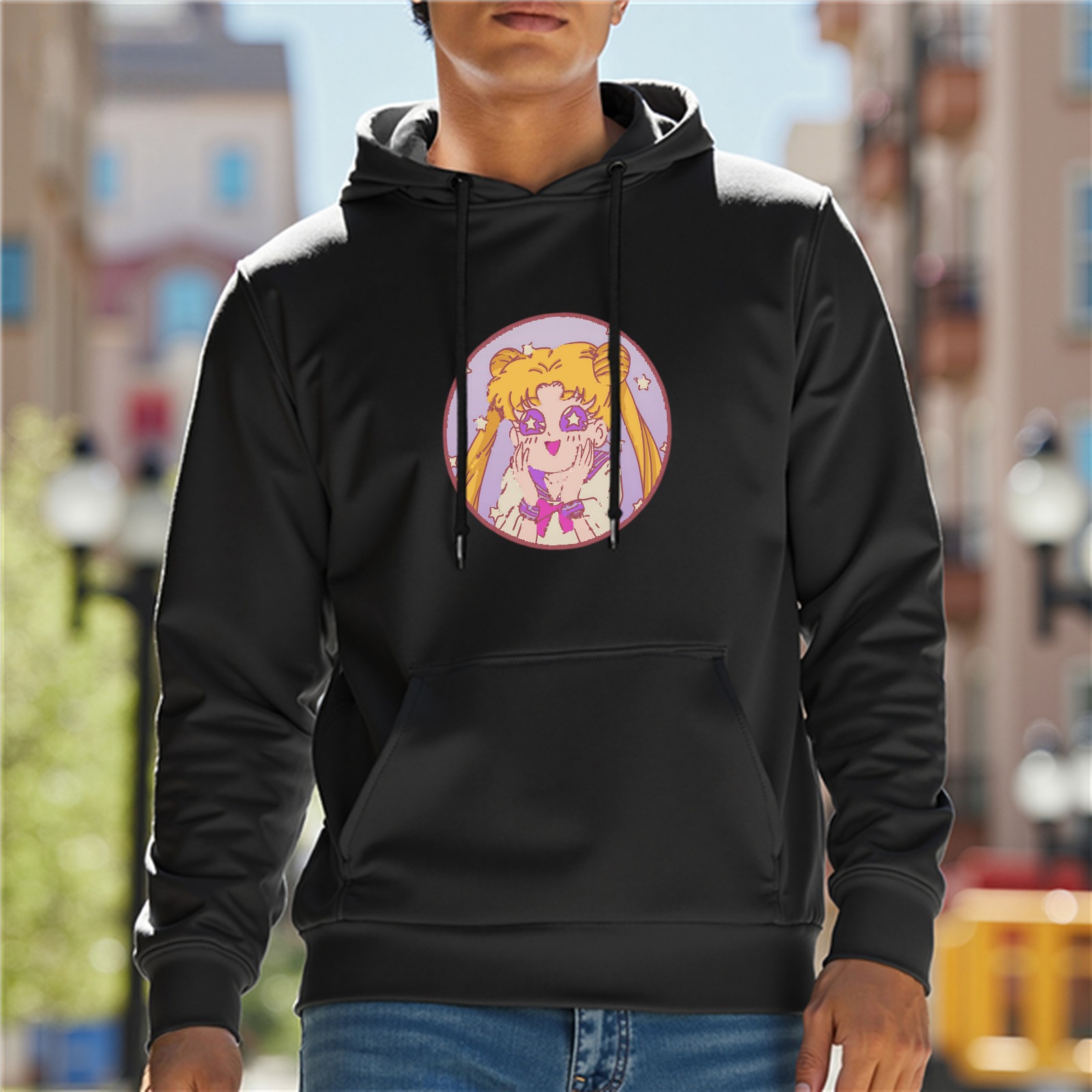 Black Hoodie With Cute Sailor Moon Graphic Print