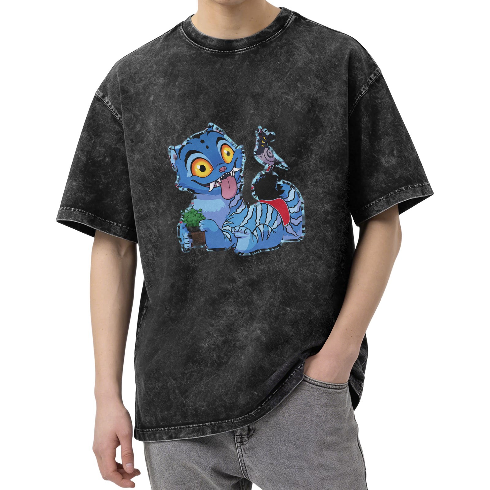 Washed black graphic t-shirt with playful blue fantasy cat print