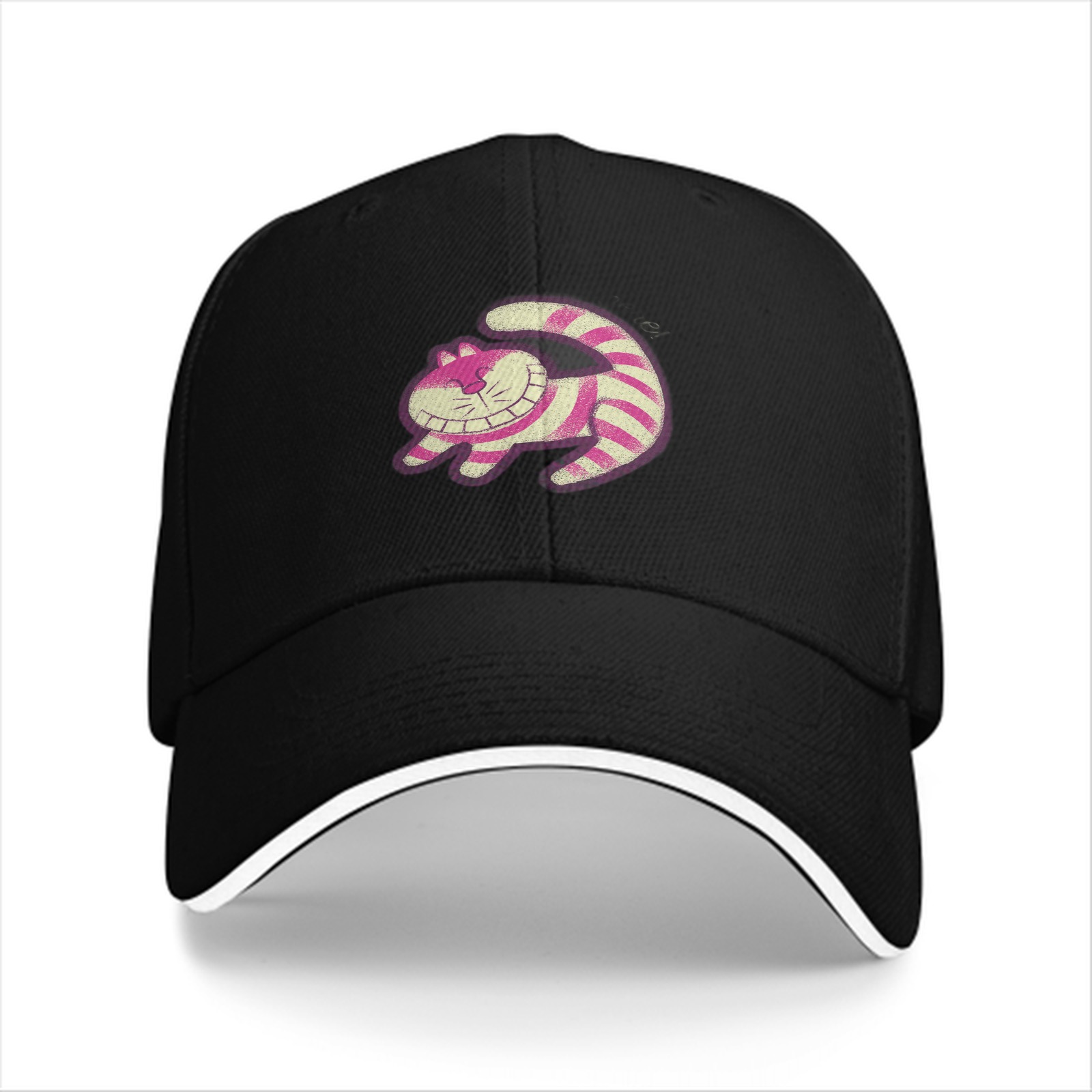 Black baseball cap with Cheshire Cat graphic print