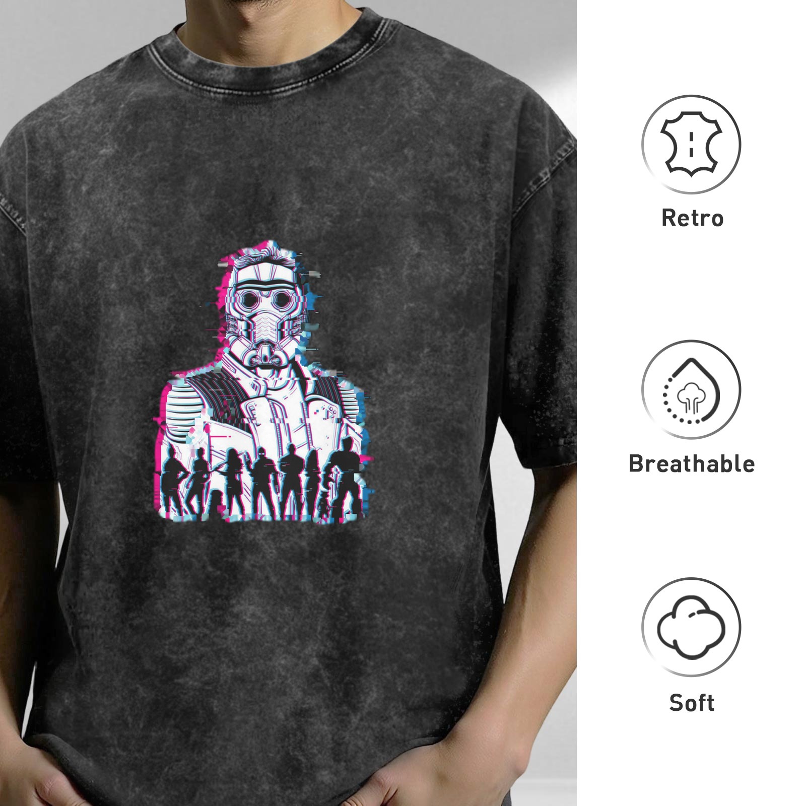 Washed black graphic t-shirt with glitch space team character print