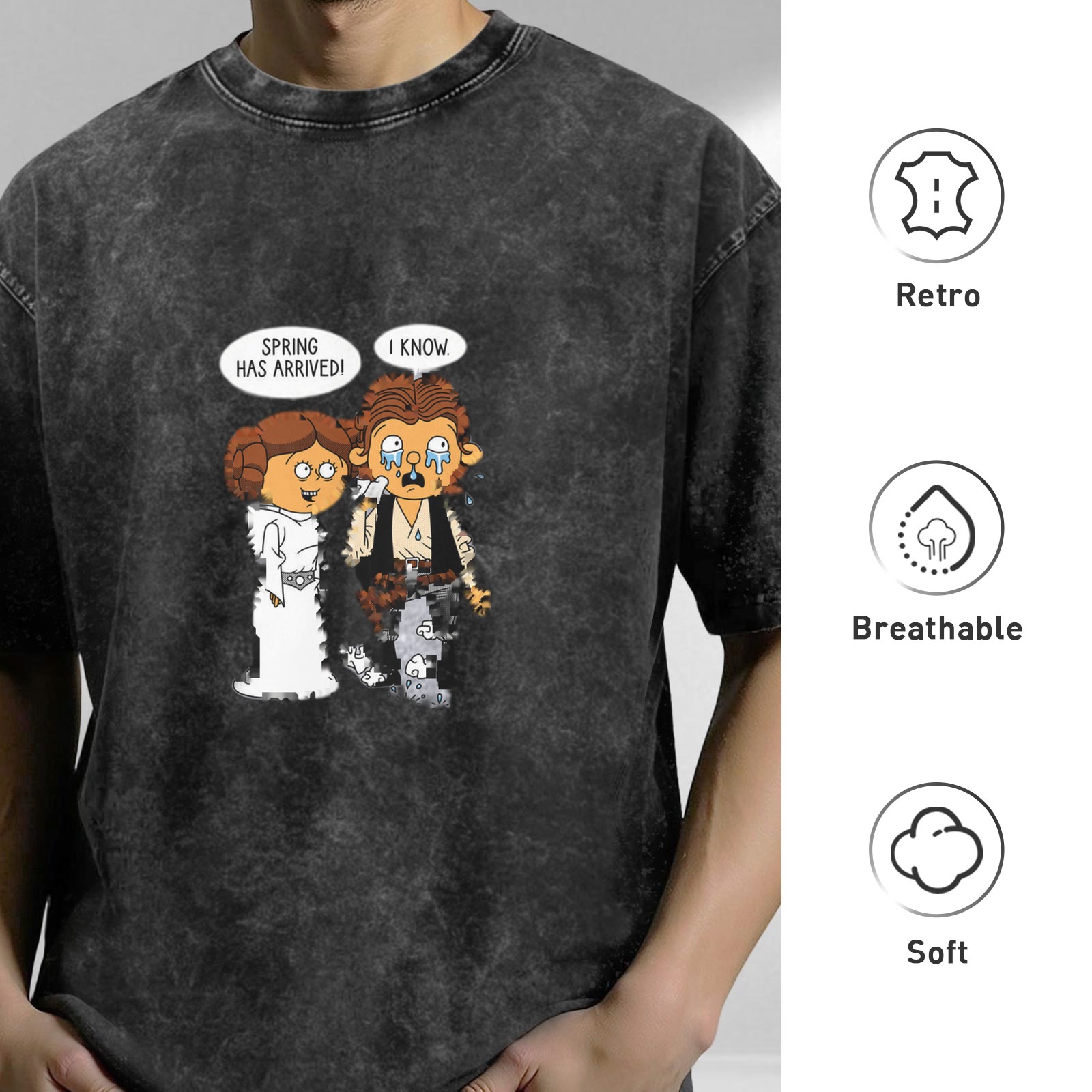 Washed Graphic T-Shirt with Star Wars Parody Spring Arrival Quote