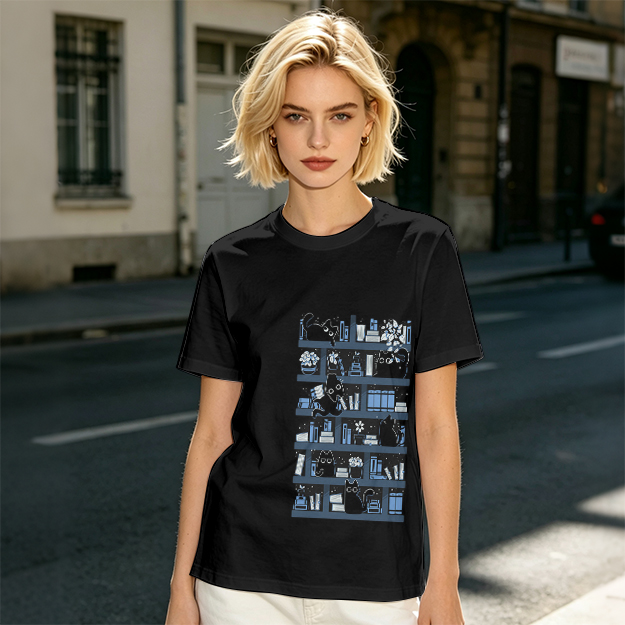 Olive Green T-Shirt With Black Cats On Bookshelves Graphic