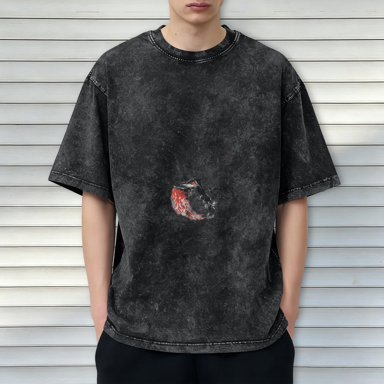Oversized Acid Wash Black T-Shirt With Abstract Red And Black Graphic