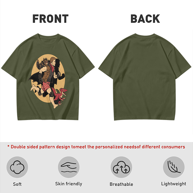 Olive T-Shirt With Fantasy Running Character And Creatures Print