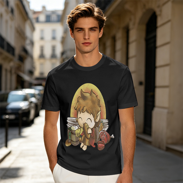 Chibi Hobbit Eating Bread Surrounded by Food T-Shirt