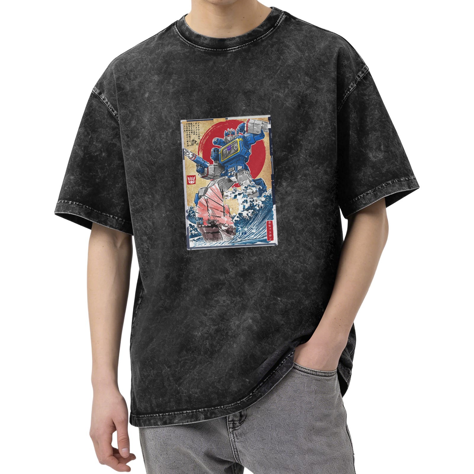 Retro washed black loose short-sleeved T-shirt Ukiyo-e Transformers sonic print