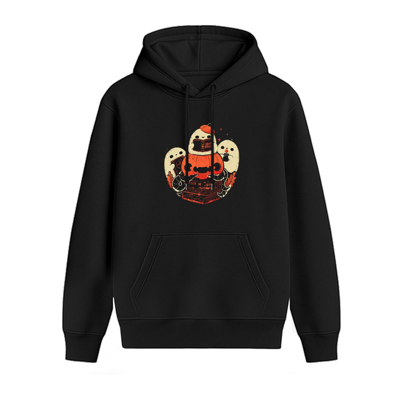 Black hoodie with cute ghost and jack-o'-lantern Halloween graphic