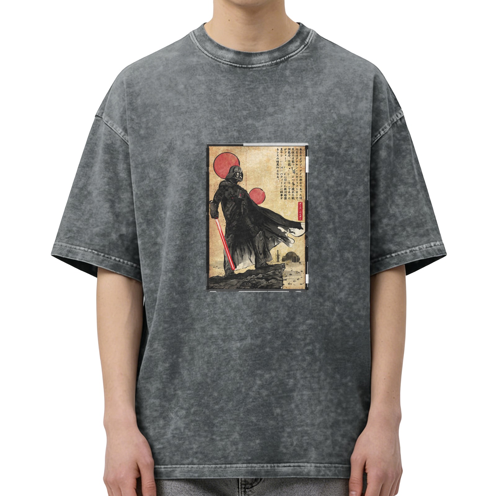 Distressed washed black loose short-sleeved T-shirt Japanese Ukiyo-e style Darth Vader pattern printed top