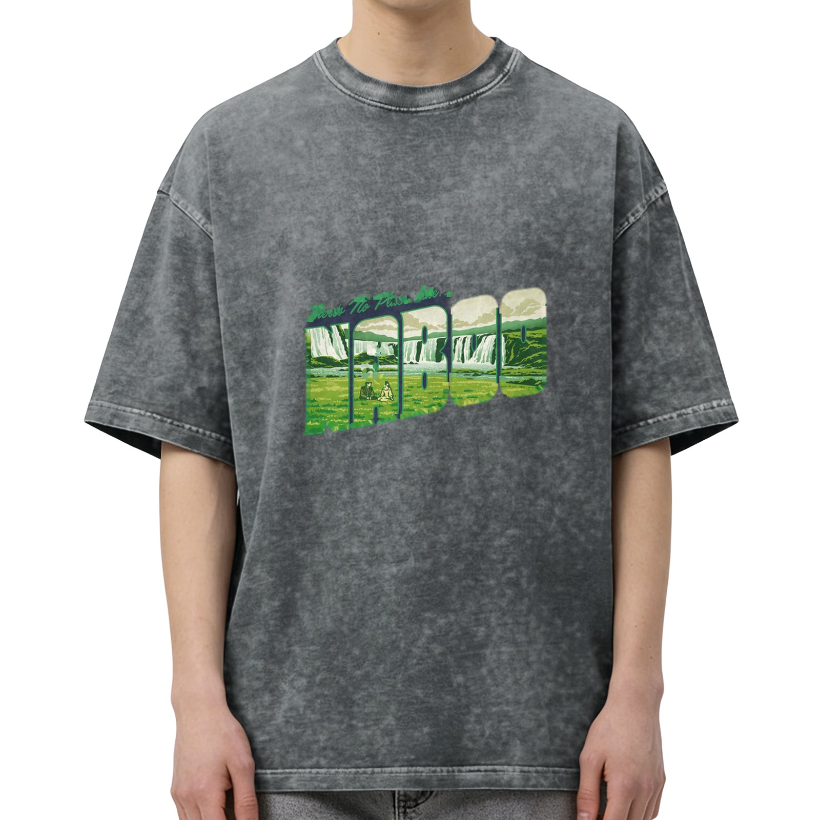 Oversized Acid Wash T-Shirt With Waterfall Landscape Graphic