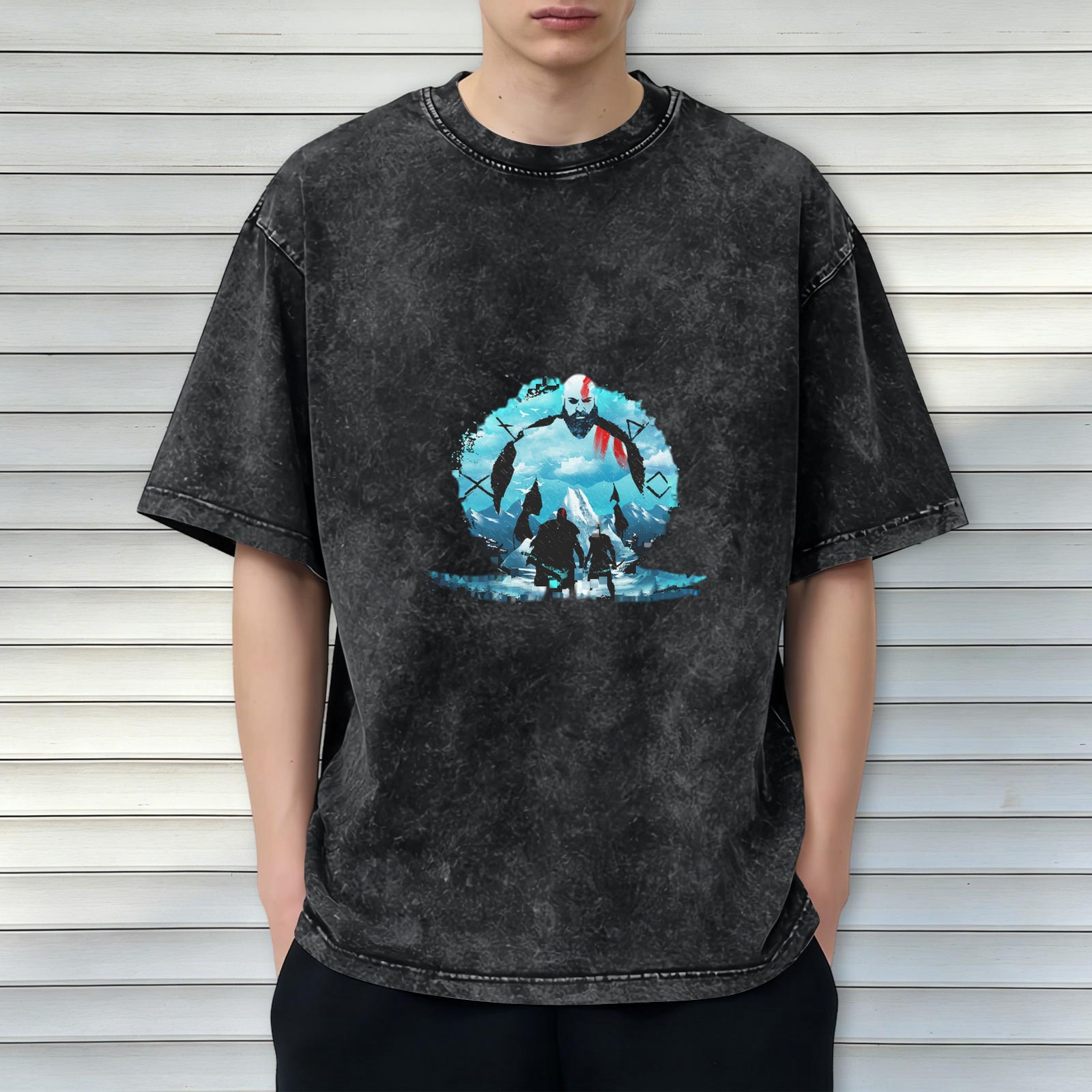 God of War Kratos & Atreus Graphic Print Stone Wash Oversized T-shirt