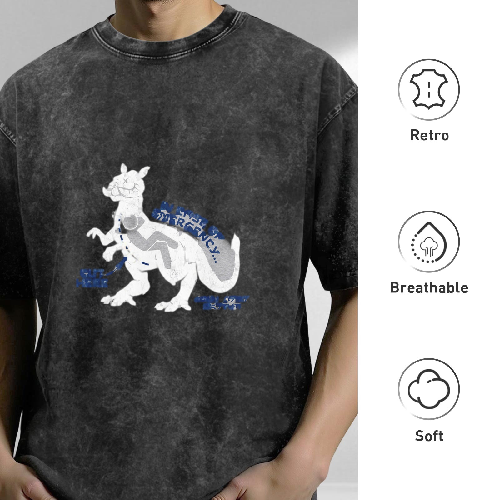 Oversized Acid Wash Graphic T-Shirt with Dinosaur Print