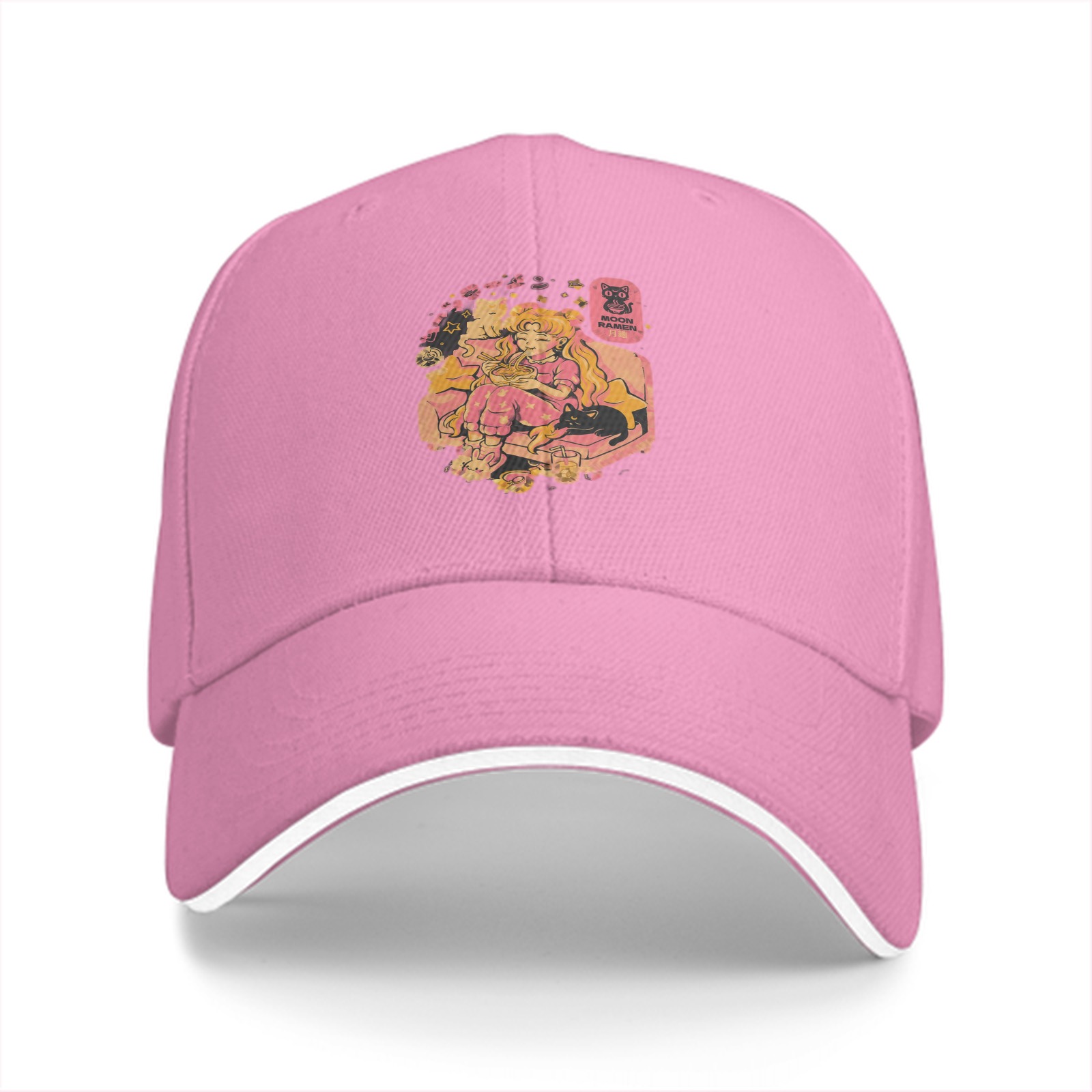 Black Baseball Cap with Anime Girl Eating Ramen Print