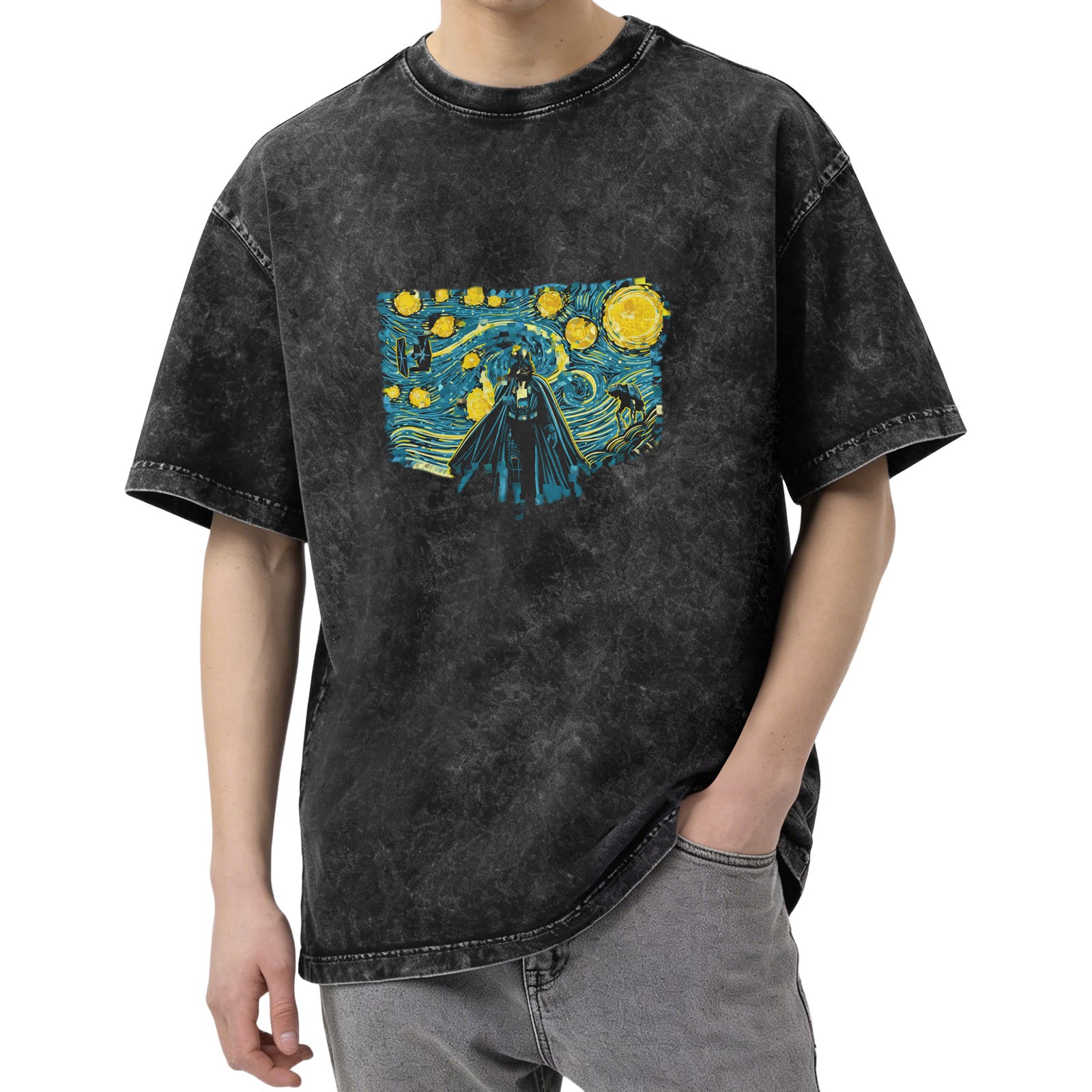 Washed black t-shirt with Star Wars Starry Night graphic