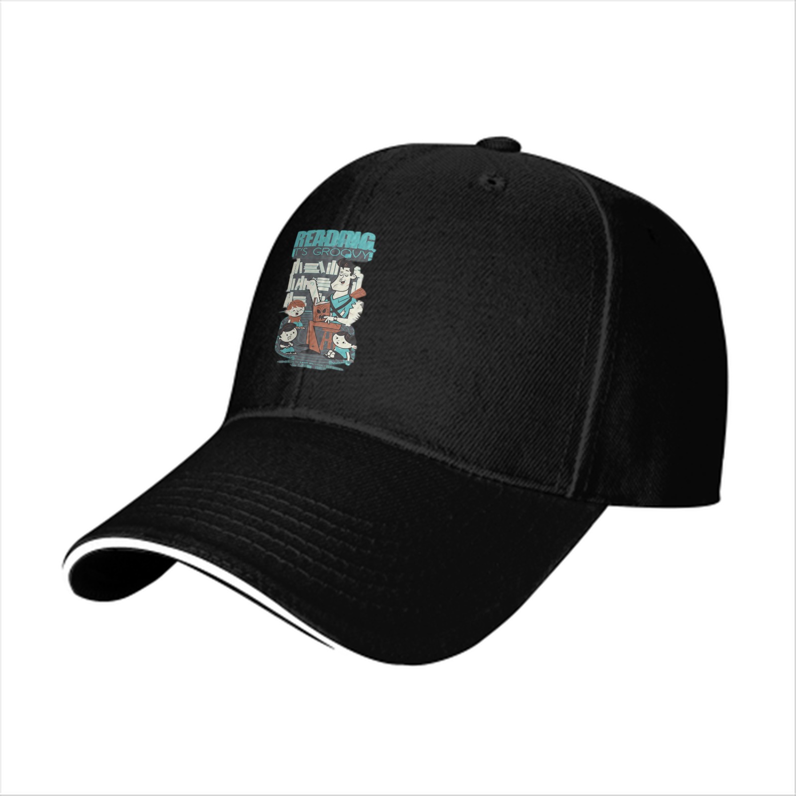 Black baseball cap with retro reading themed graphic print