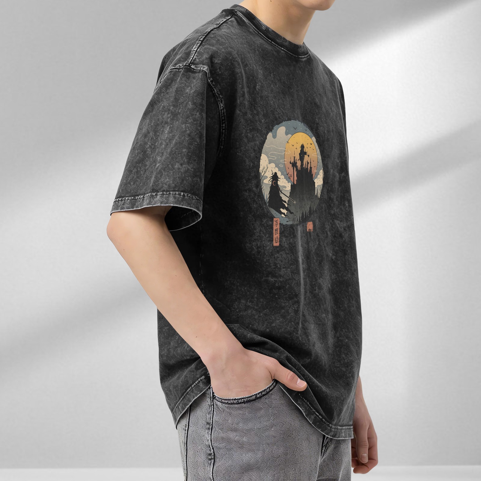 Distressed washed black round neck short-sleeved T-shirt Ukiyo-e style dark castle samurai pattern top