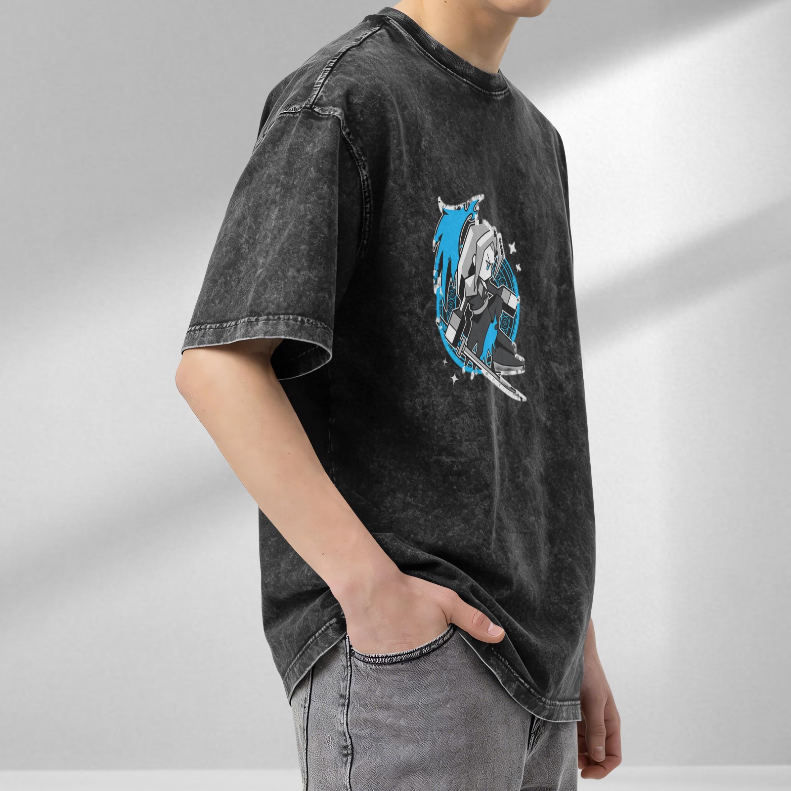 Oversized Dark Wash T-Shirt With Chibi Fantasy Villain Print