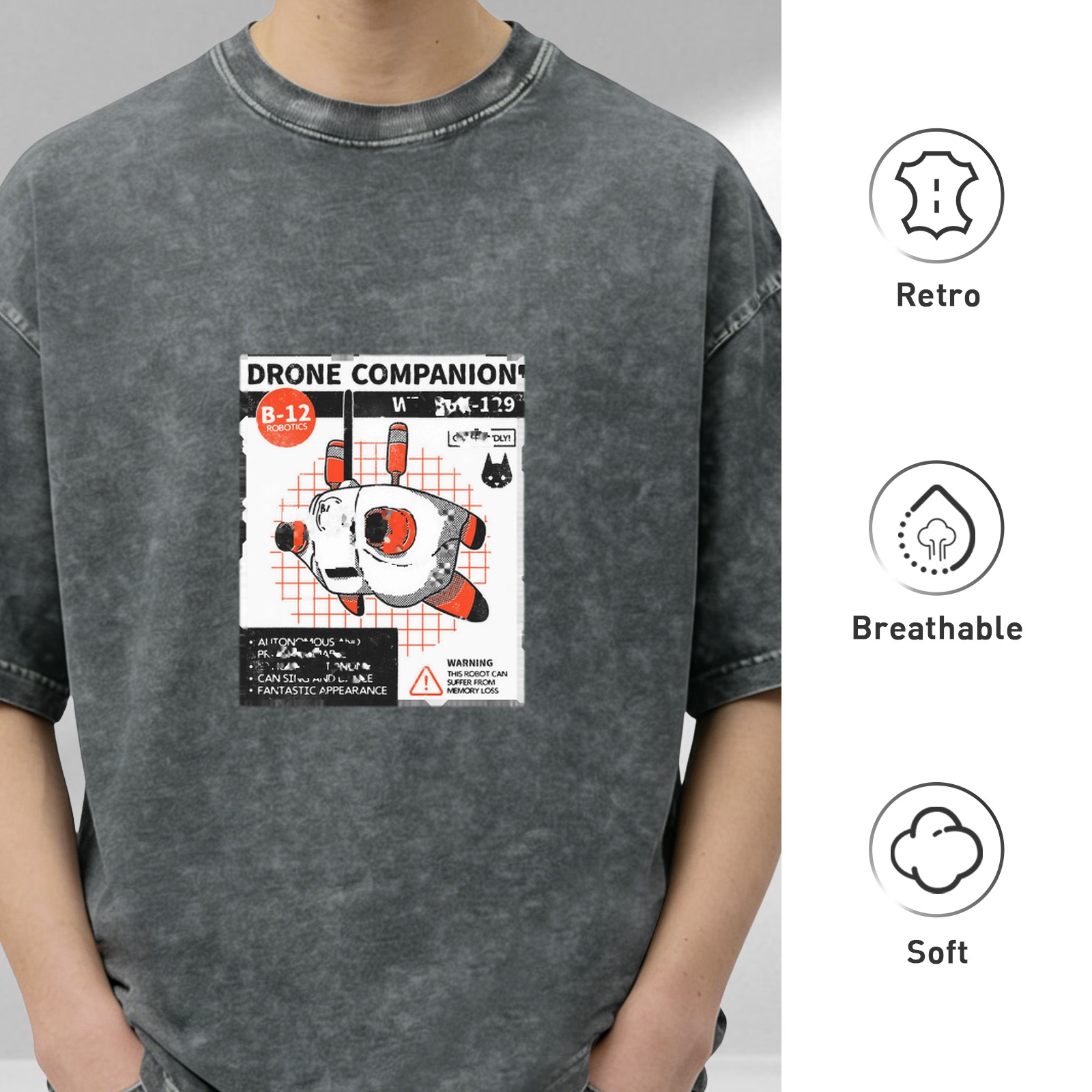 Oversized Black Stonewashed T-Shirt with Drone Companion Graphic Print