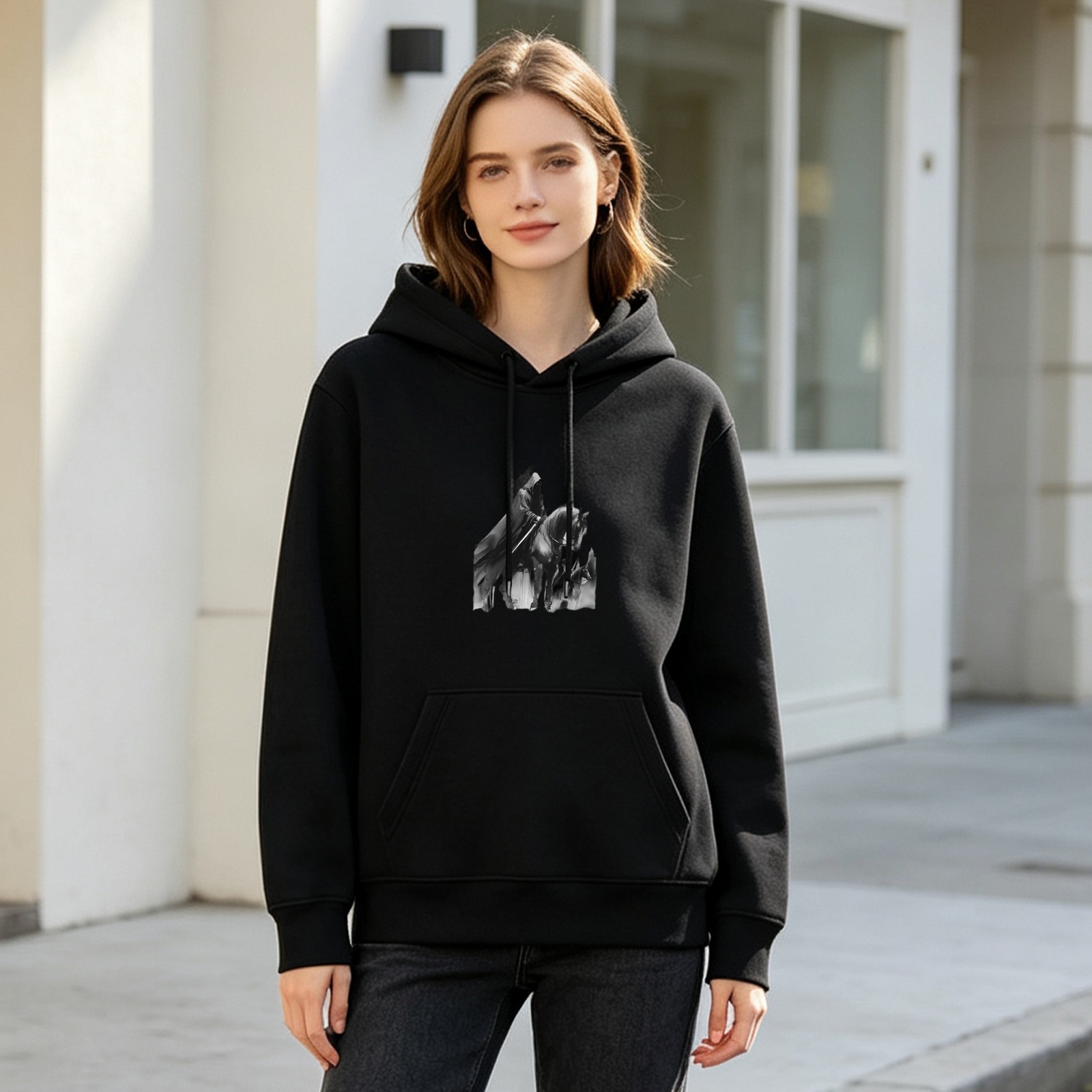 Black Hoodie with Abstract Monochrome Graphic Print