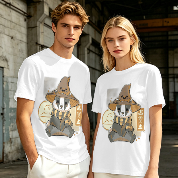 Olive T-Shirt With Cute Wizard Badger Graphic Print