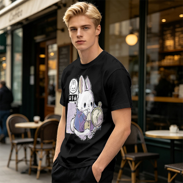Olive T-Shirt With White Rabbit Holding Pocket Watch Print