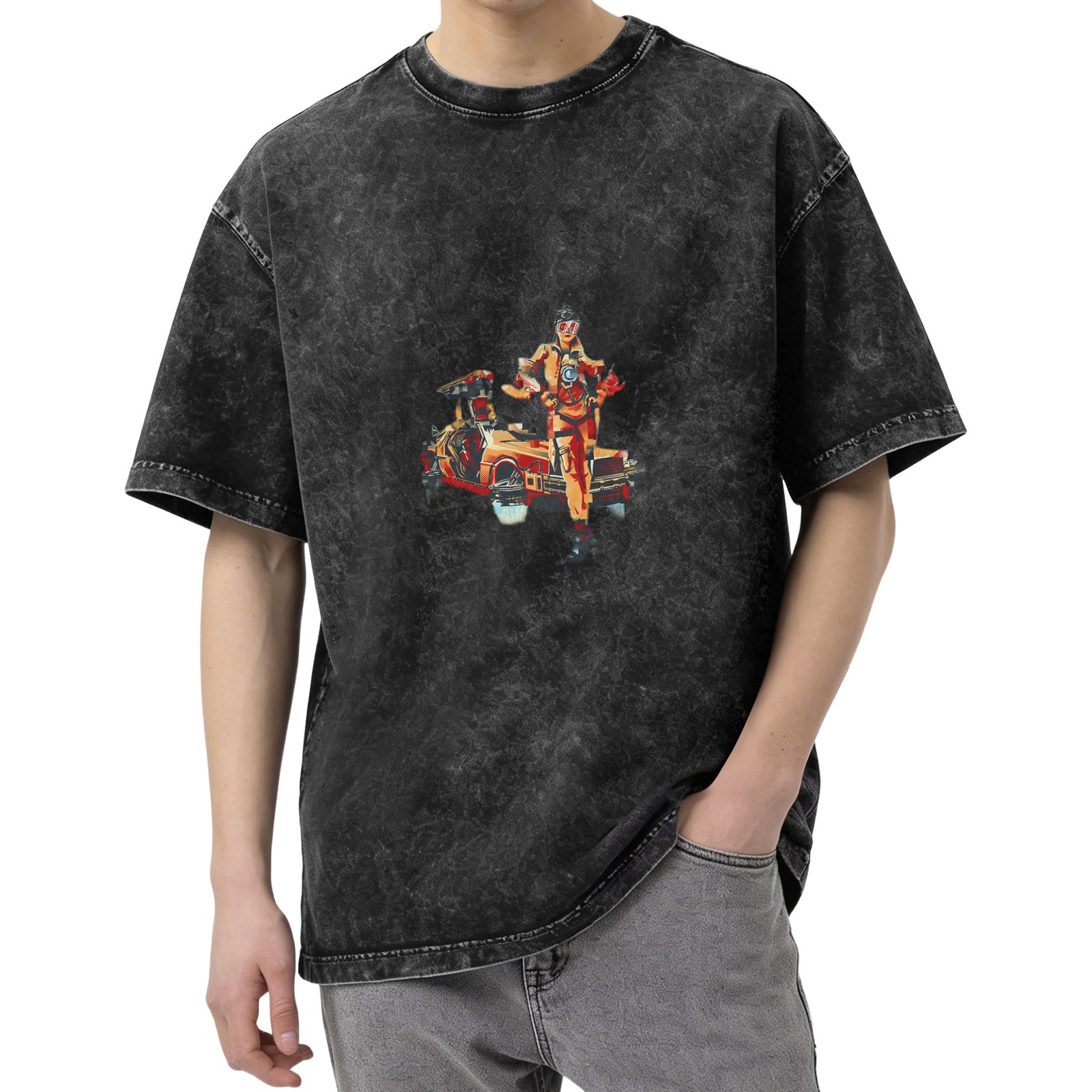 Oversized Acid Wash T-Shirt With Retro Sci-Fi Car And Character Print