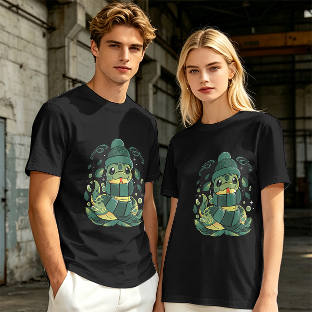 Olive Green T-Shirt With Cute Cartoon Snake Graphic