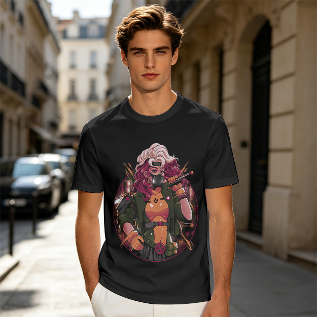 Olive T-Shirt with Anime Cyberpunk Female Warrior Print