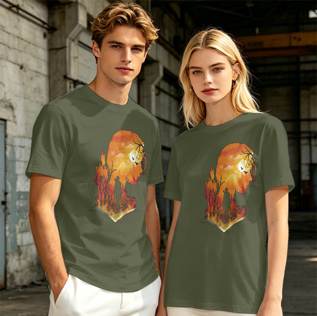 Olive T-Shirt with Sunset Lion Silhouette Graphic Print