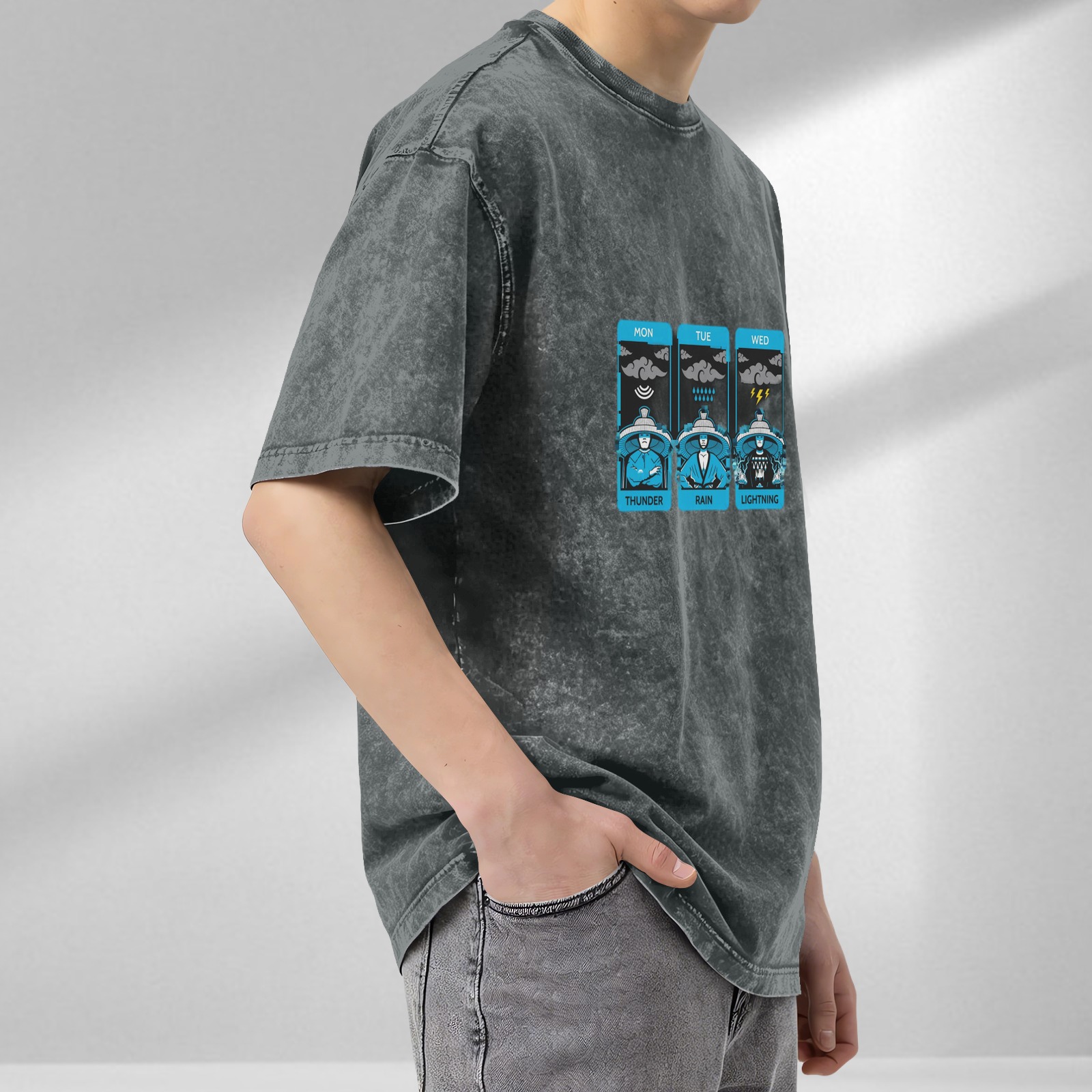 Distressed washed black loose short-sleeved T-shirt Monday to Wednesday weather-themed fun printed top