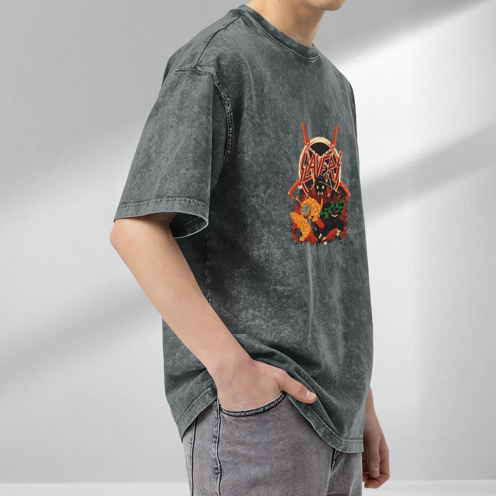 Washed Black Anime Demon Slayer Slayer Band Graphic T-Shirt