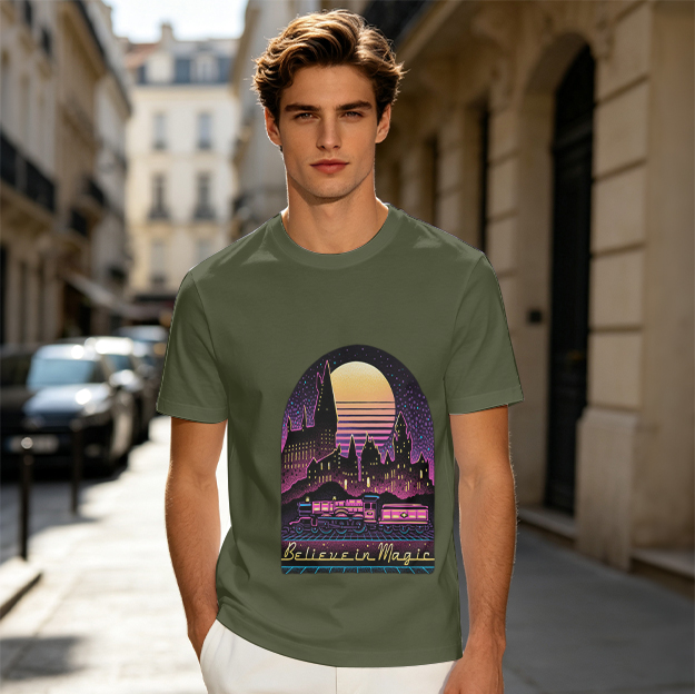 Olive t-shirt with retro wizard castle and train 'Believe in Magic' print