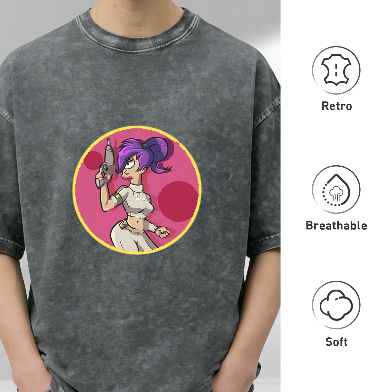 Washed black graphic tee with futuristic space character print