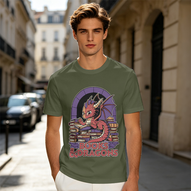 Olive t-shirt with cute red dragon reading books graphic