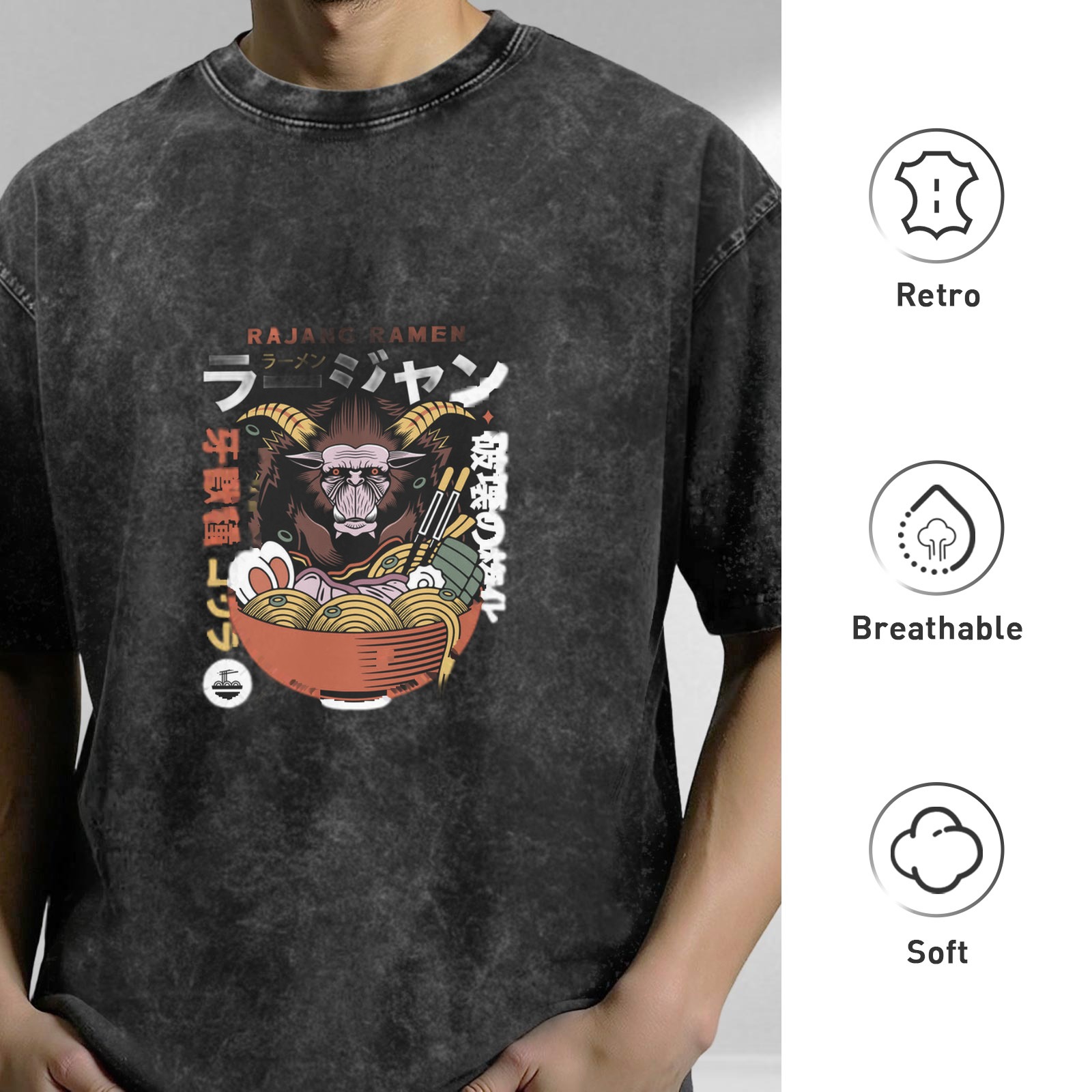 Oversized Acid Wash T-Shirt With Monster Ramen Graphic Print