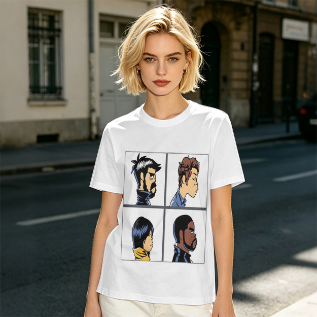 Olive T-Shirt With Four Cartoon Character Profile Portraits