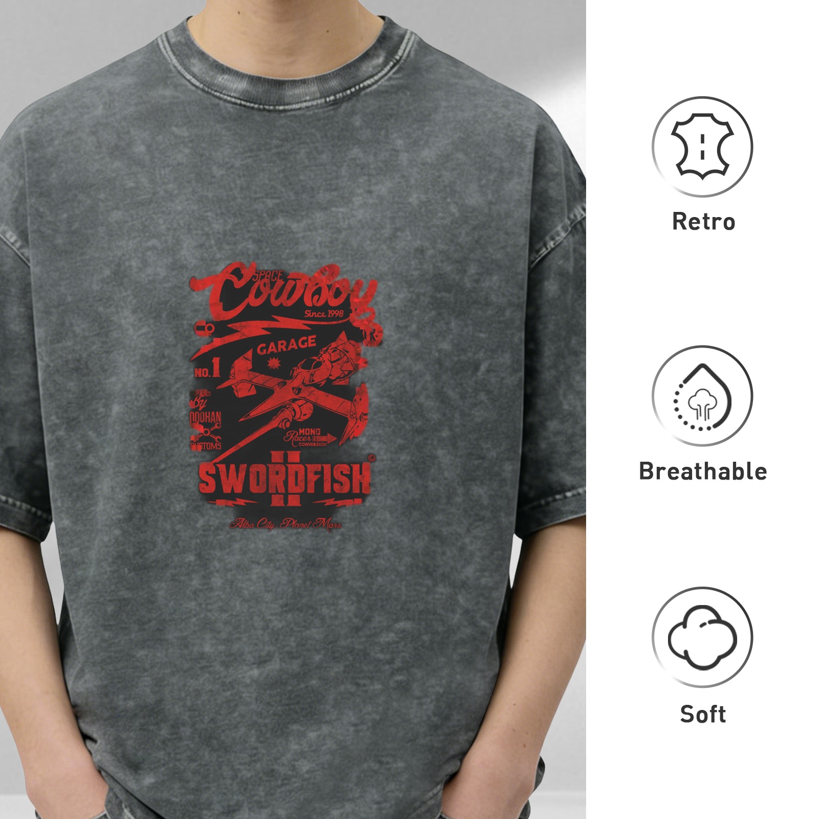 Distressed washed black round neck short-sleeved T-shirt Cowboy Bebop theme Swordfish II print loose casual top