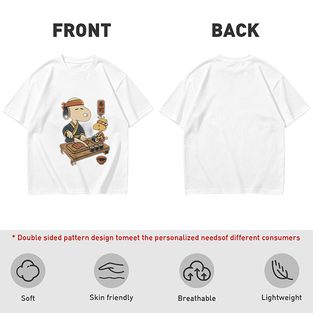 Olive T-shirt with Snoopy and Woodstock making sushi print
